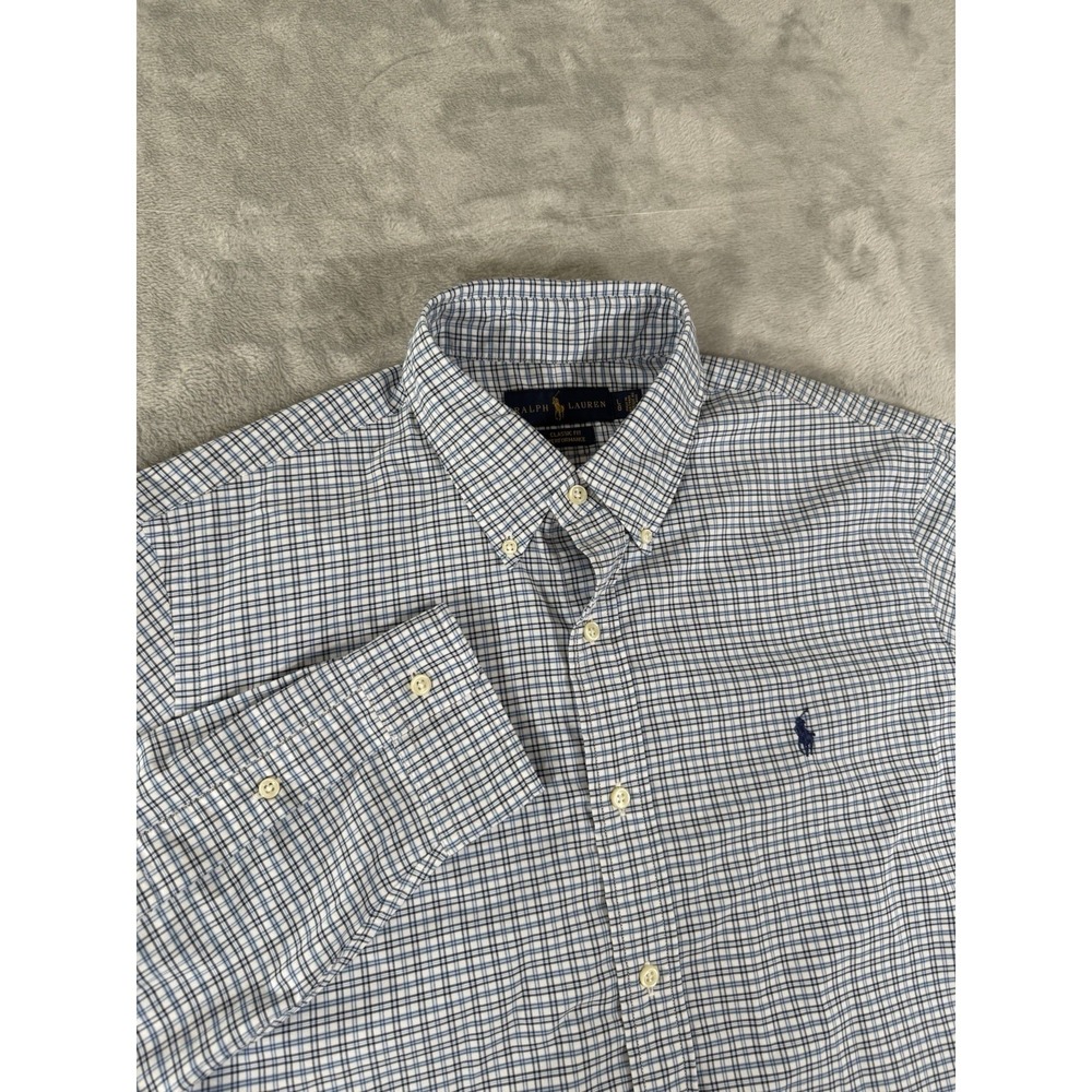 Ralph Lauren Shirt Mens Large White Blue Plaid Classic Fit Performance Button Up